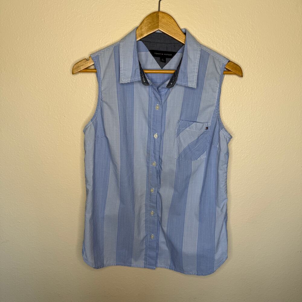 Tommy Hilfigure Blue White MIni Plaid Print Sleeveless Top Medium